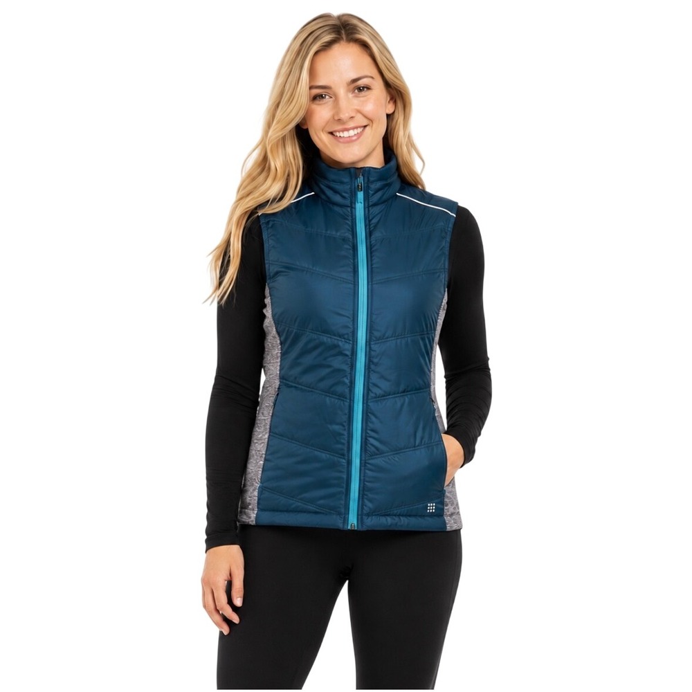 Title Nine Women XS Puffy Vest Blue Gray Quilted Full Zip Sleeveless Jacket